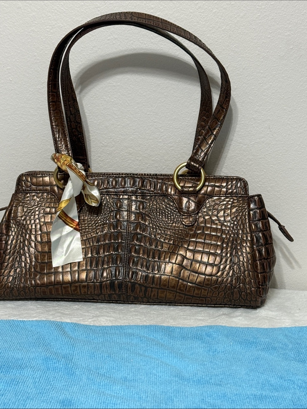Preston & York Bronze Croc-Embossed Shoulder Bag with Gold Hardware